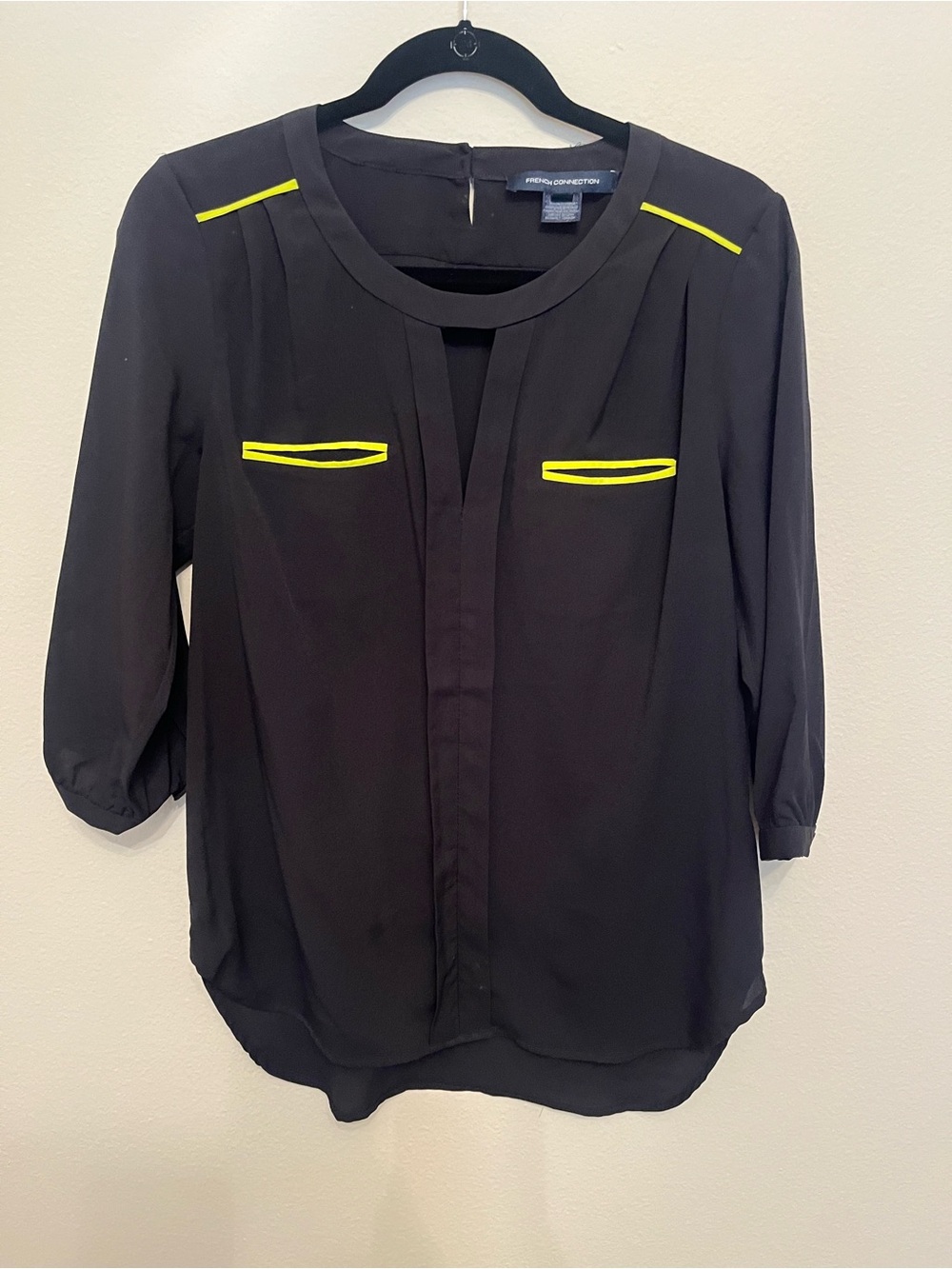 French Connection Black Blouse with Neon Yellow Trim